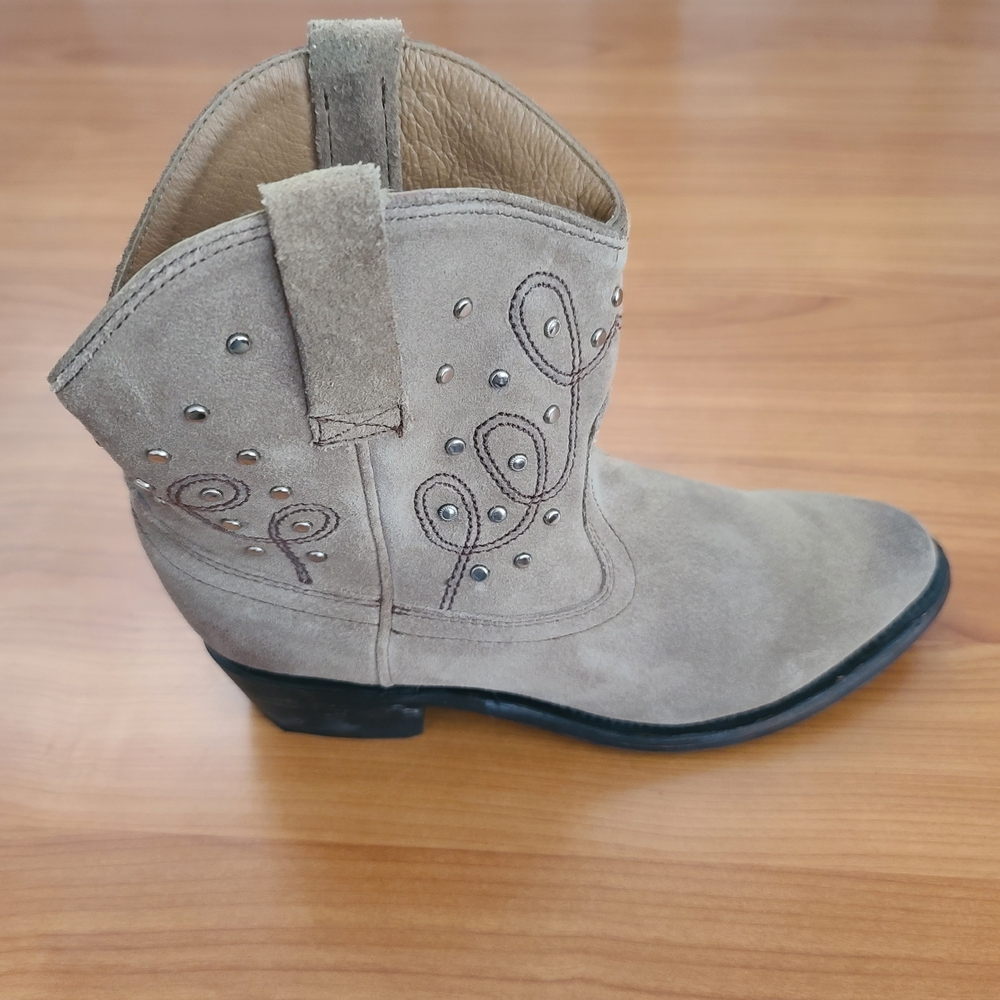 Miz Mooz Taupe Suede Studded Western Ankle Boots